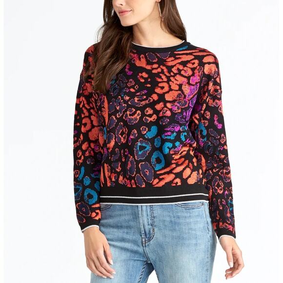 Rachel Roy Sweater Size Medium Bright Multi Leopard Combo Print Rikki Pullover - Picture 1 of 8